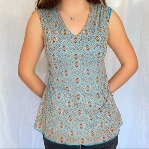 70s inspired long flowy brown and blue tank top w/ paisley pattern.
